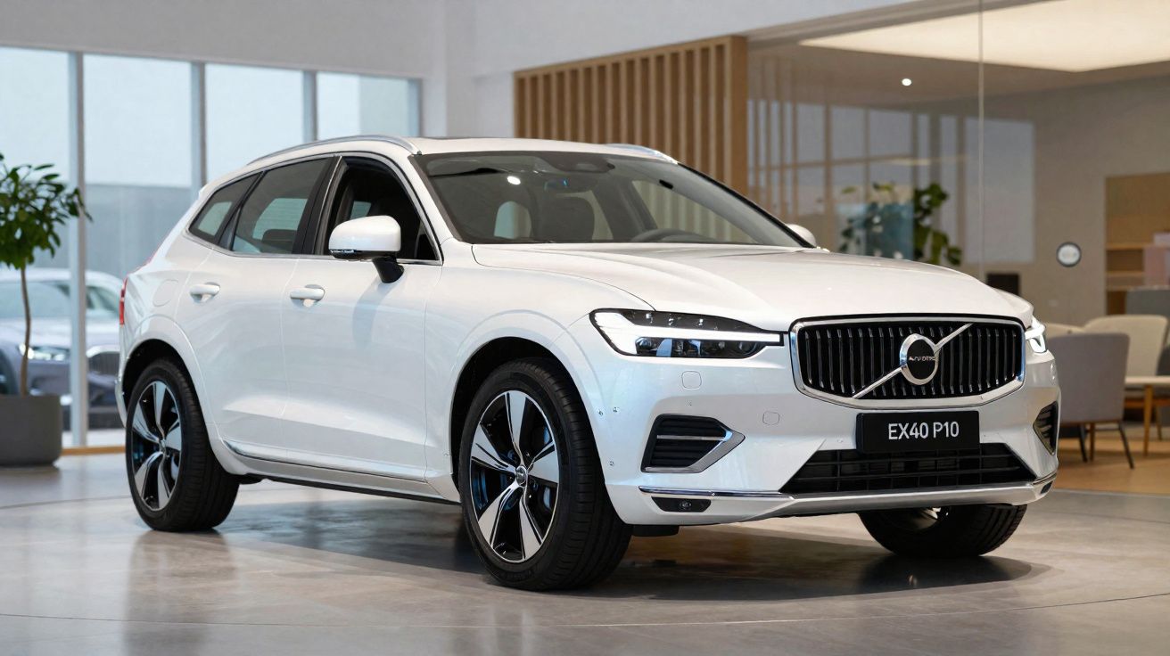 White Volvo EX40 P10 electric SUV displayed indoors on showroom floor with modern interior background.