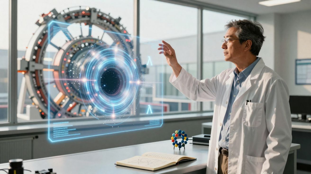 Scientist in white coat interacting with a holographic circular interface in a modern laboratory.