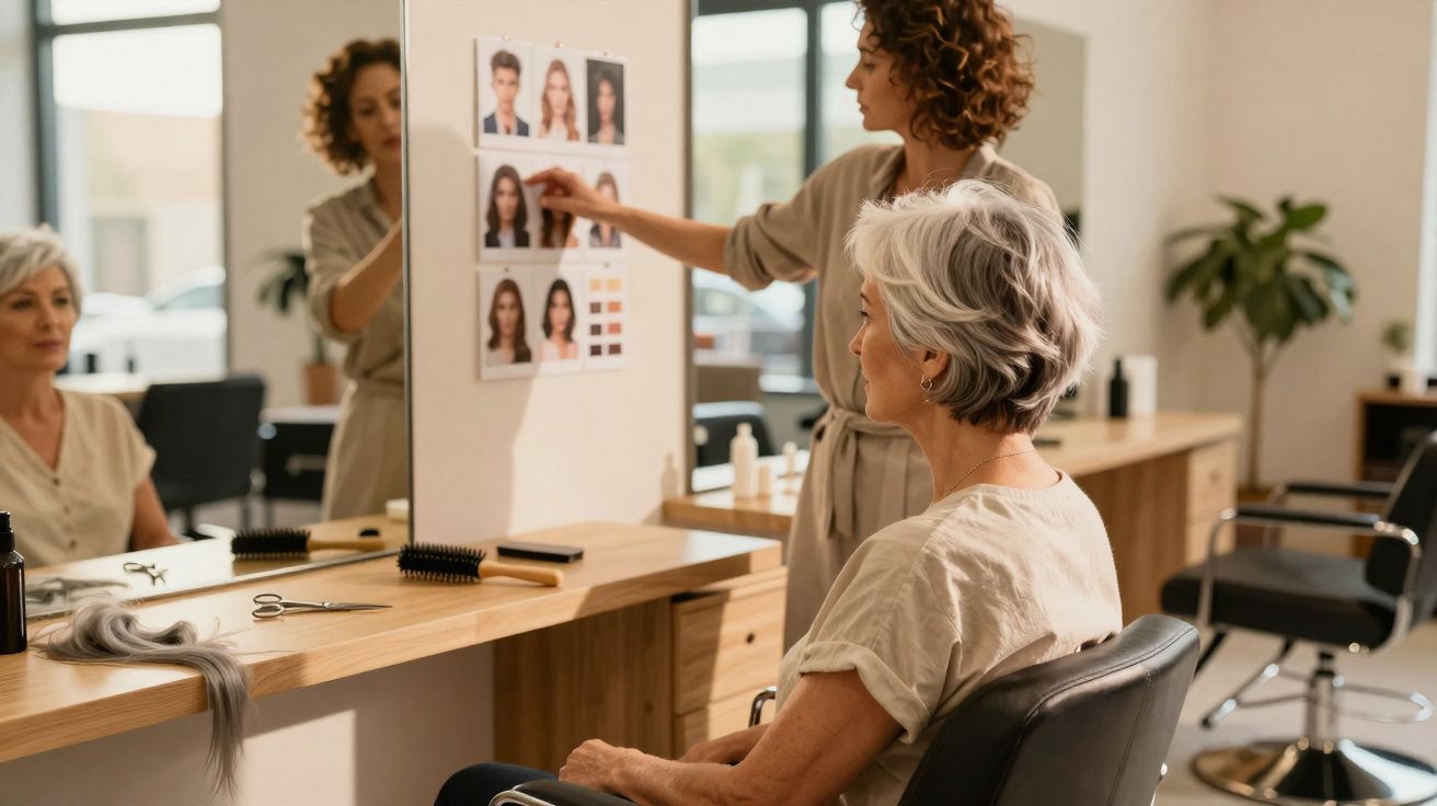 Hairdresser showing hairstyle options to a mature woman with grey hair in a modern salon.
