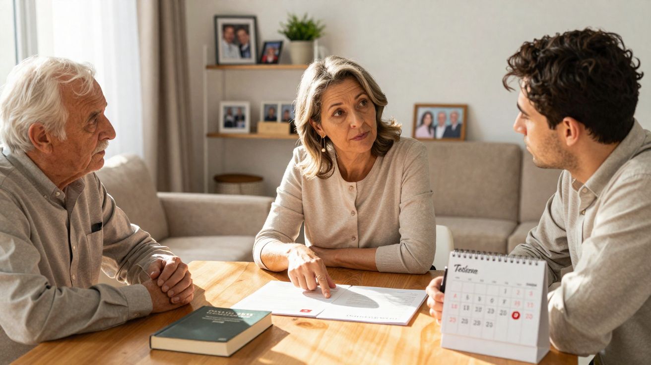 Three people having a serious discussion at a table with documents and a calendar in a living room.