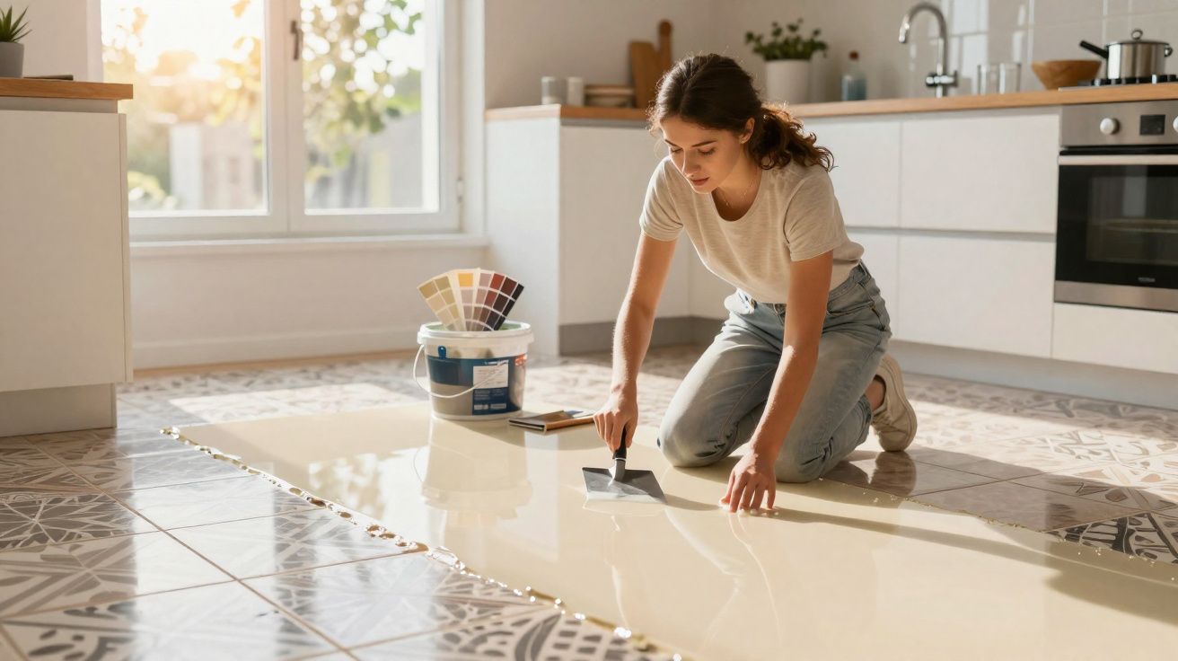 Woman kneeling on kitchen floor applying epoxy resin over tiled surface with a spatula in natural light.