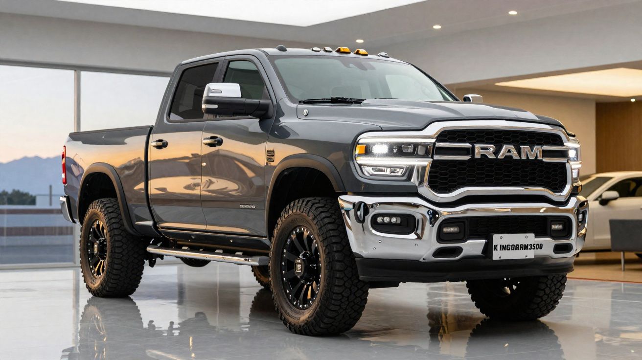 Grey RAM pickup truck with large off-road tires parked indoors on reflective floor