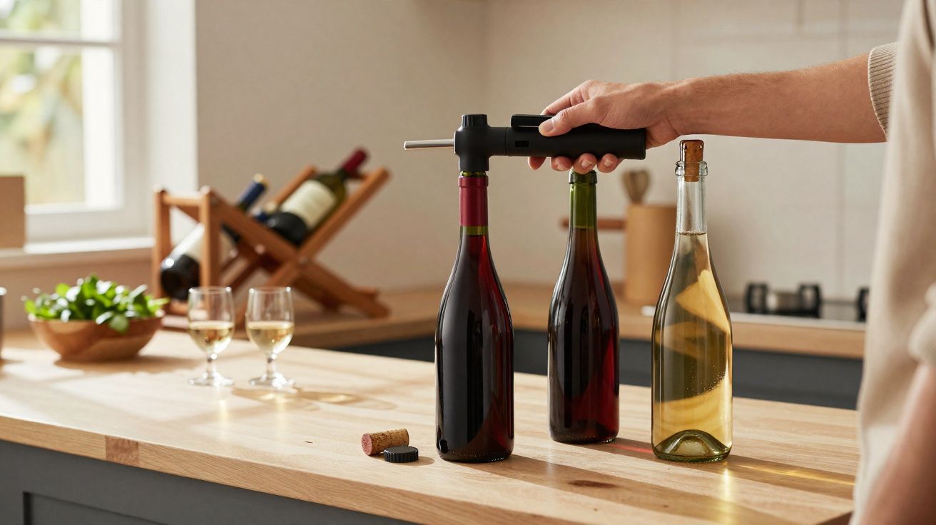 Person using a wine preservation tool on a red wine bottle in a kitchen with wine bottles and glasses on the counter.