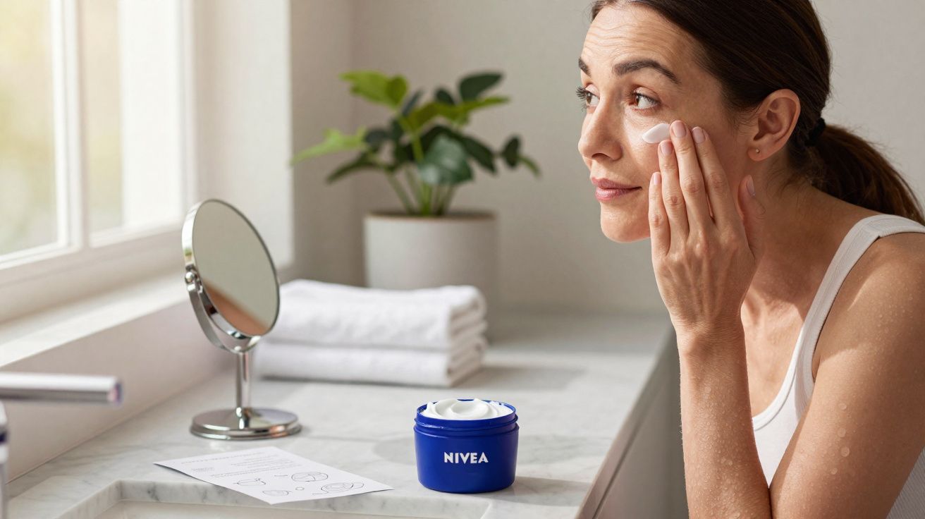 Woman applying Nivea cream on her face in a bathroom with mirror and plant on the counter.