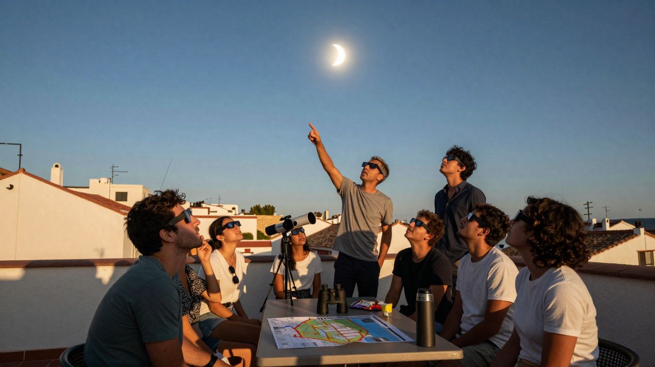 Group of people wearing eclipse glasses watching a solar eclipse at sunset on a rooftop with a telescope.