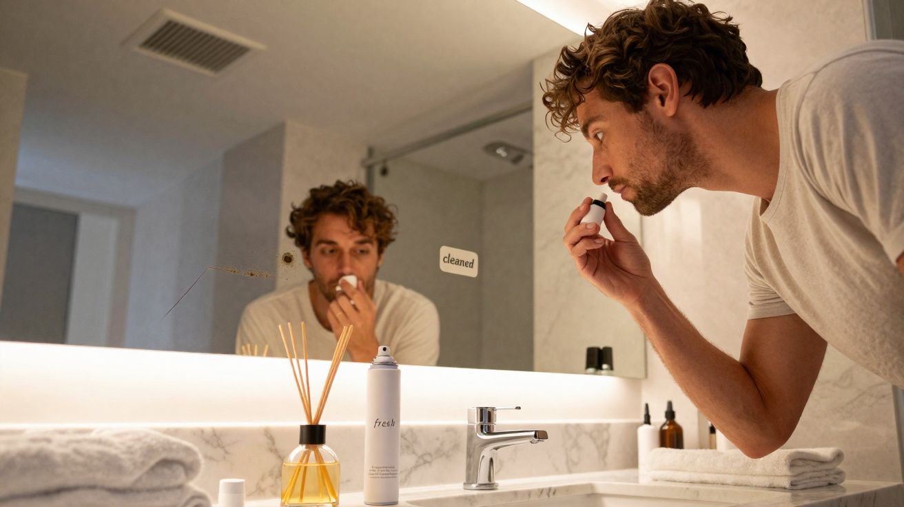 Man applying cologne to his neck while looking in a bathroom mirror with toiletries on the sink.