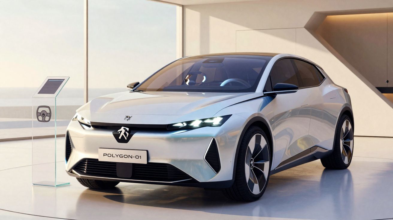 Sleek silver Polygon-01 electric car displayed indoors with modern angular design and LED headlights.