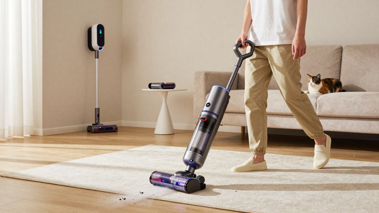 Person vacuuming a light-coloured rug in a living room with a cat on the sofa watching nearby.