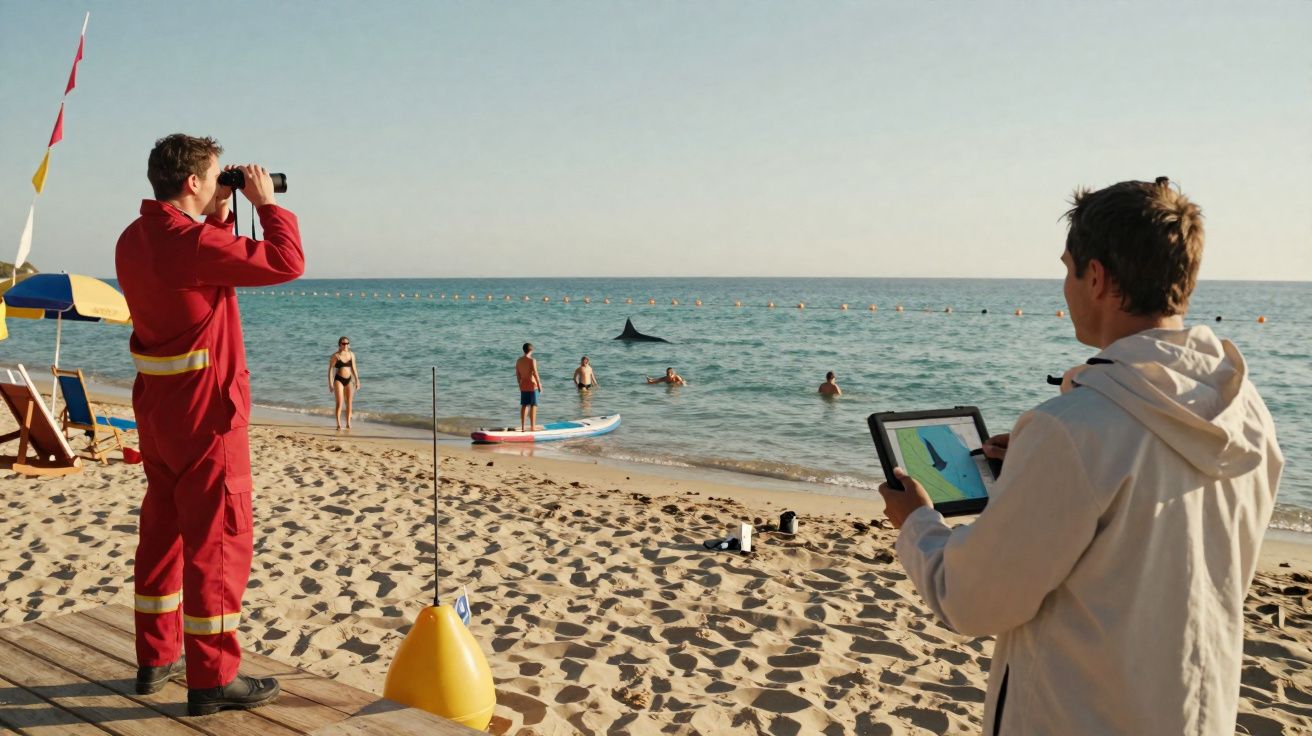 Lifeguards monitoring swimmers on a sandy beach as a shark fin appears in the sea near paddleboarders.