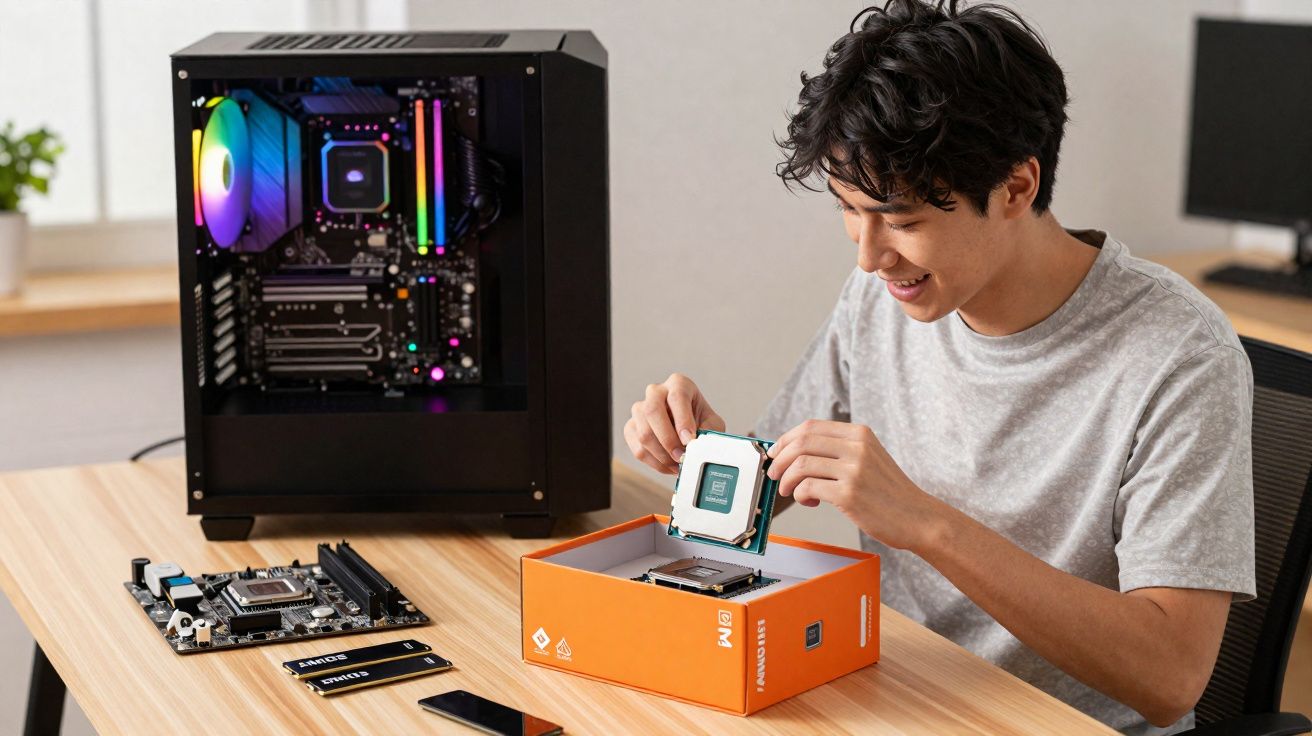 Young man assembling a computer, holding a CPU above an orange box on a desk with PC components nearby.