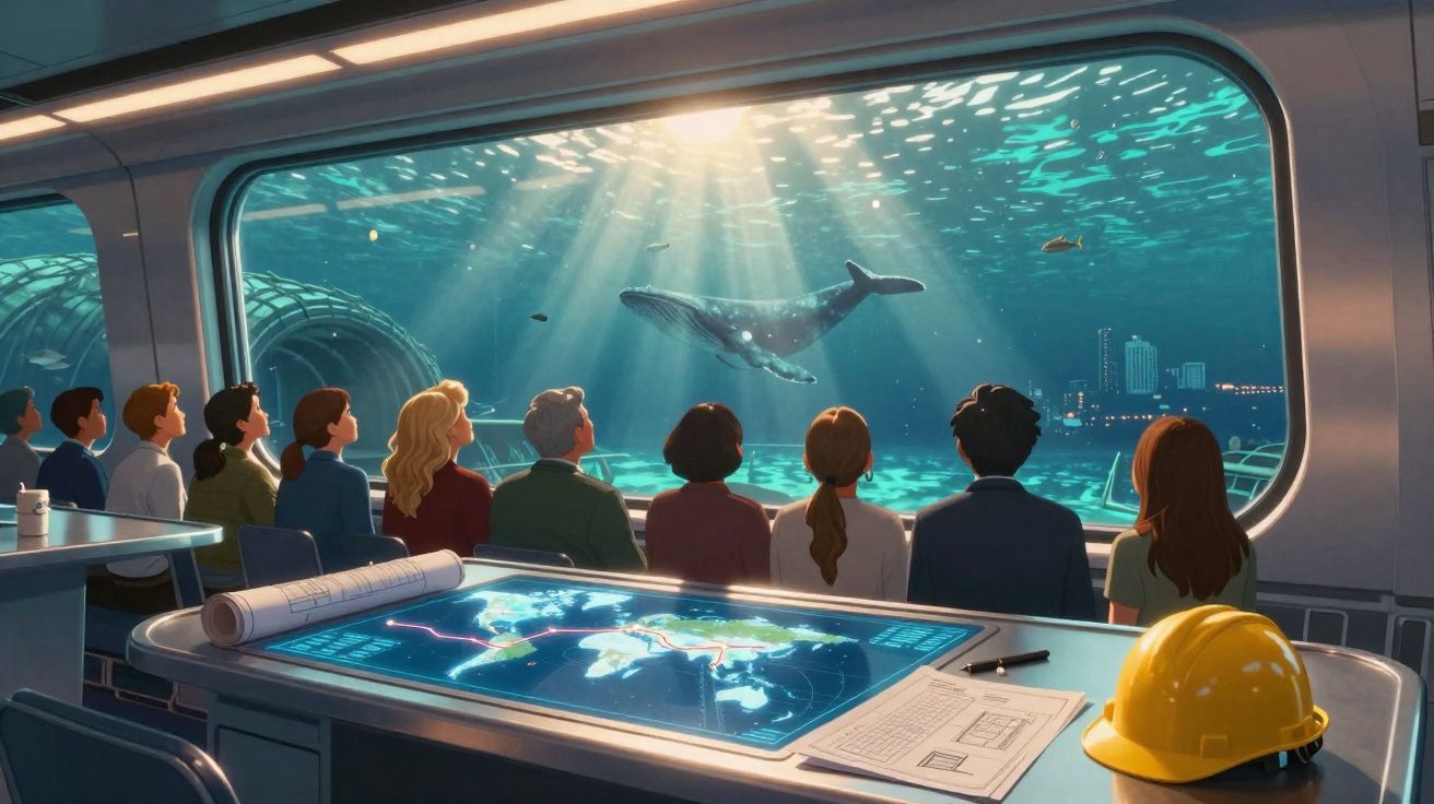 Group of people observing a whale through a large underwater viewing window in a futuristic control room.