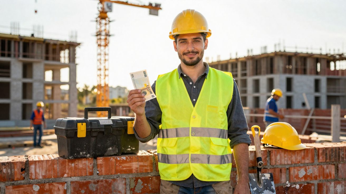 Construction worker in hard hat and high-visibility vest holding a banknote on a building site.