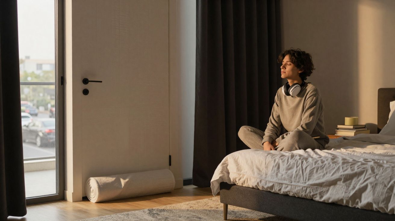 Person sitting cross-legged on a bed in a sunlit bedroom, wearing headphones around their neck.