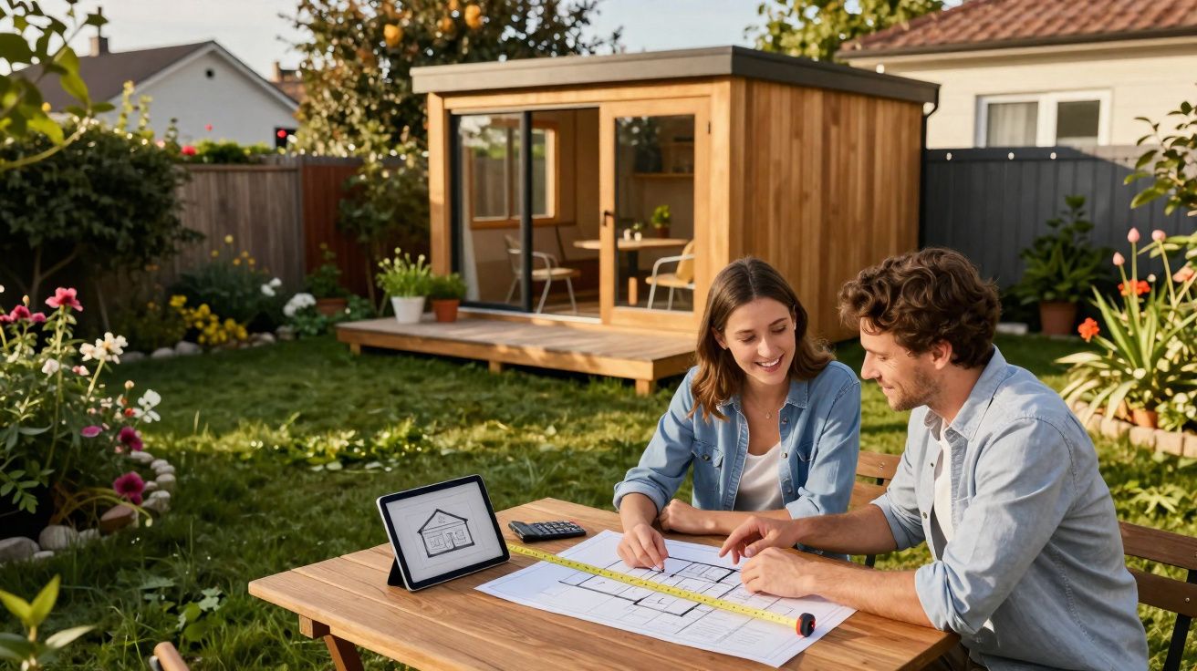 Couple sitting at a garden table planning house designs with blueprints and a tablet displaying a house sketch.