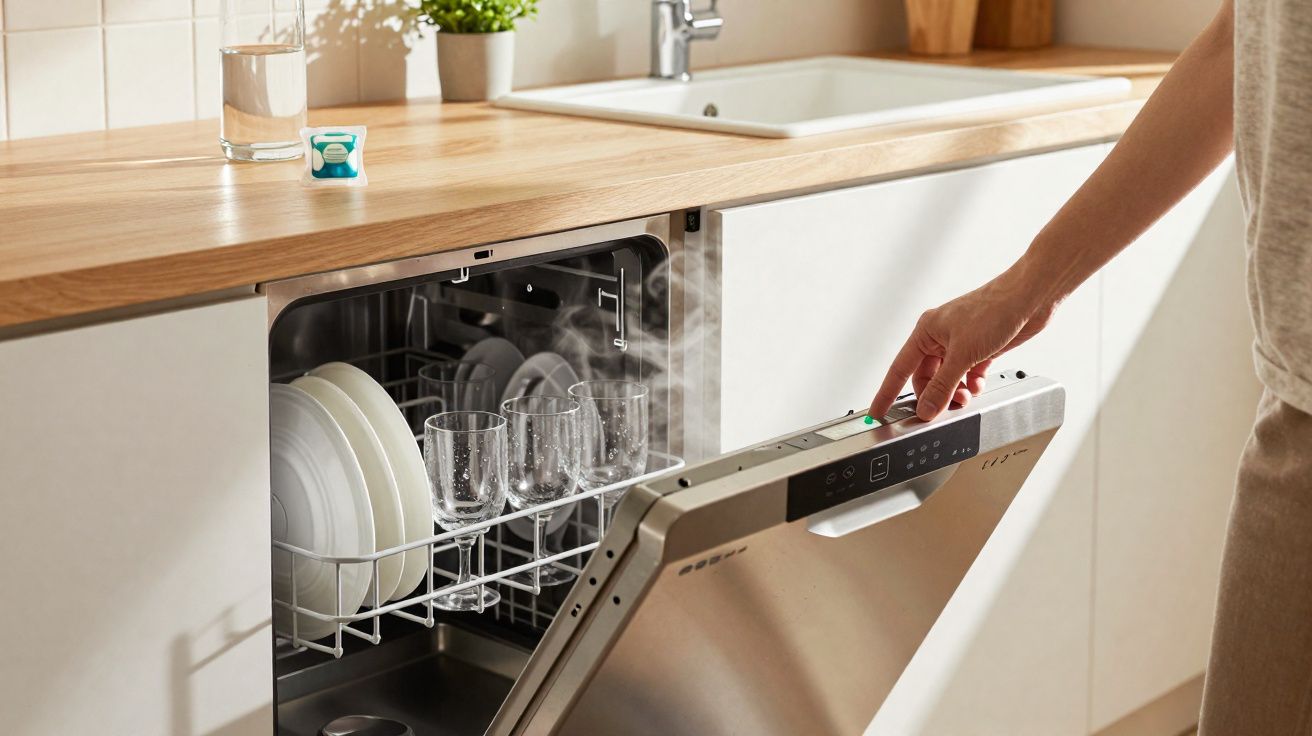Hand pressing button to open steaming dishwasher with clean glasses and plates inside in modern kitchen.