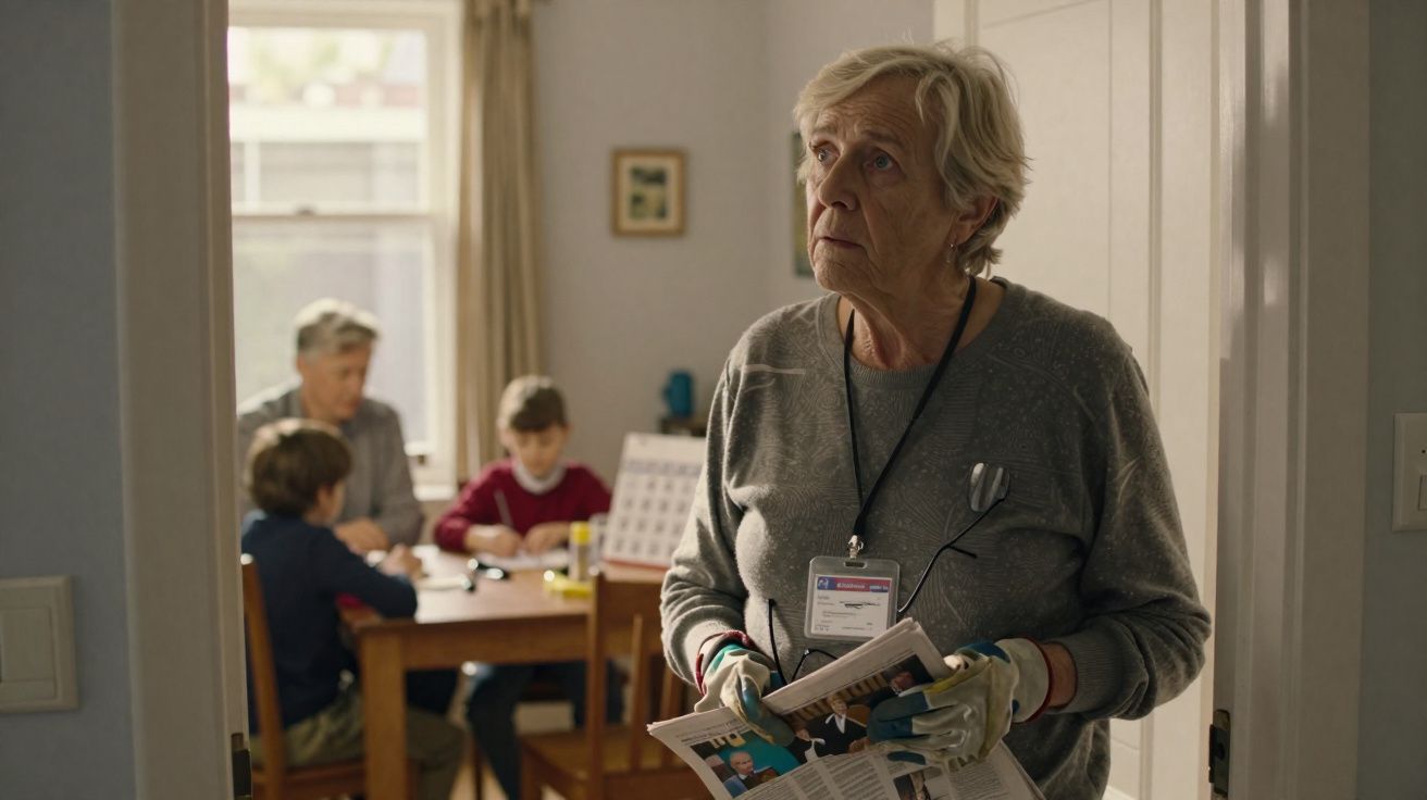 Elderly woman wearing gloves and a lanyard holding newspapers stands in a doorway, two kids and an adult at a table behind.