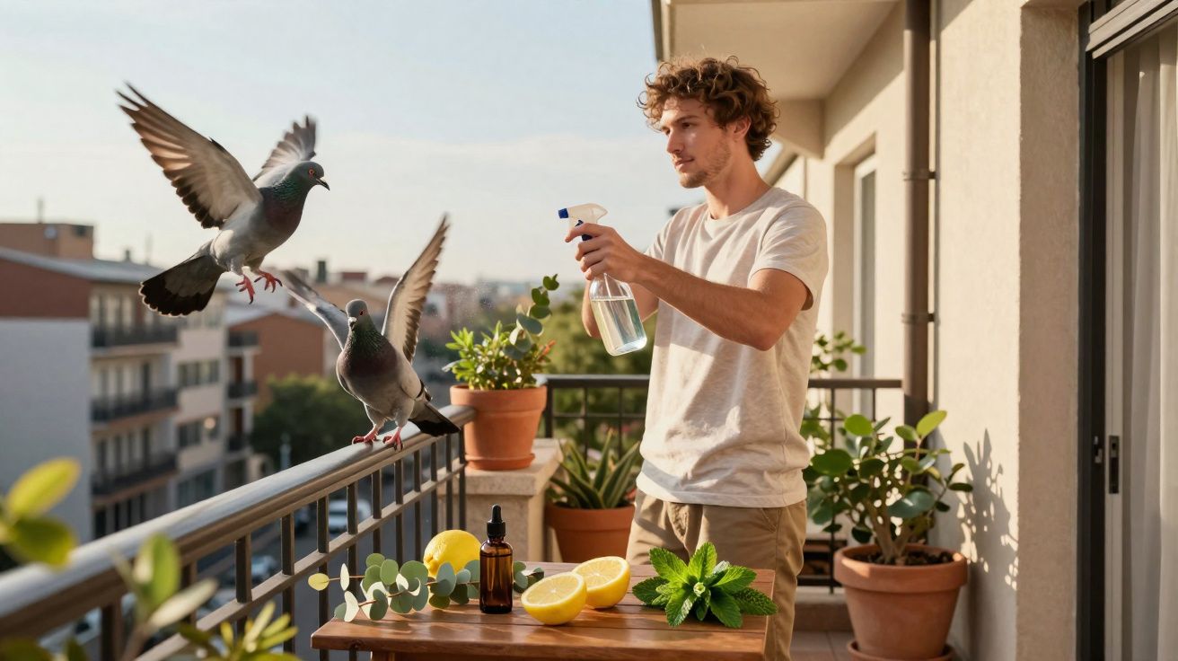 Man on balcony spraying pigeons with water, table with lemon halves, herbs, and a brown bottle nearby.