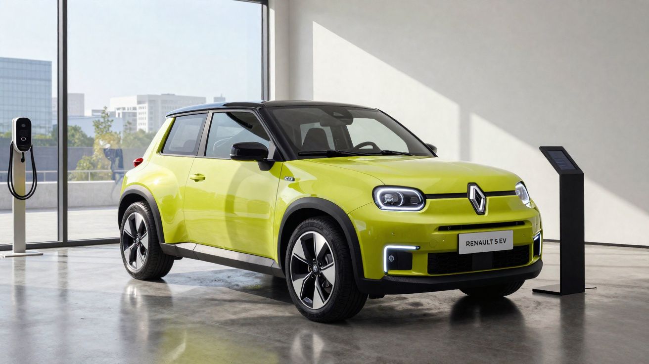 Bright yellow Renault 5 EV electric car displayed indoors near charging station and information stand.