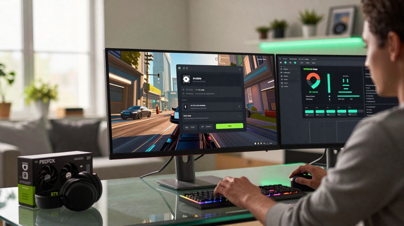 Person using dual monitors with video game and analytics dashboard on a glass desk with headphones nearby.