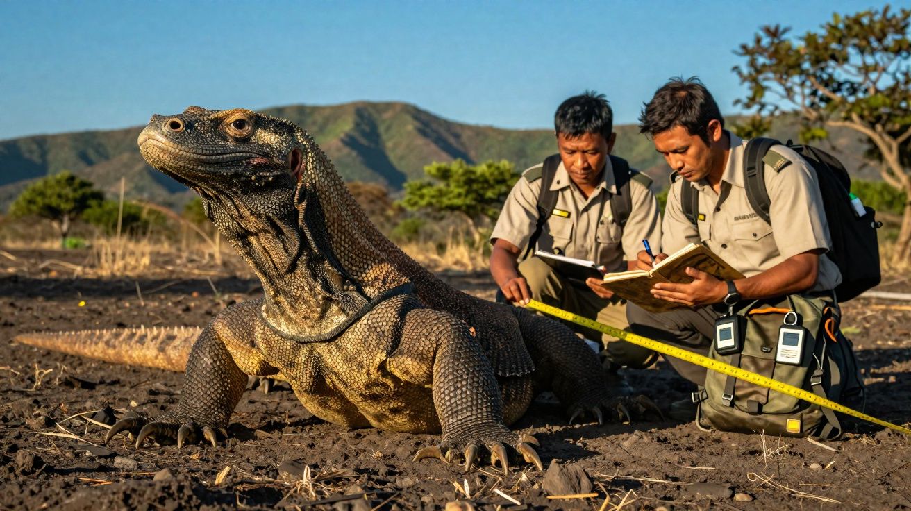 Two researchers measuring and recording data on a large Komodo dragon in a dry, mountainous landscape.