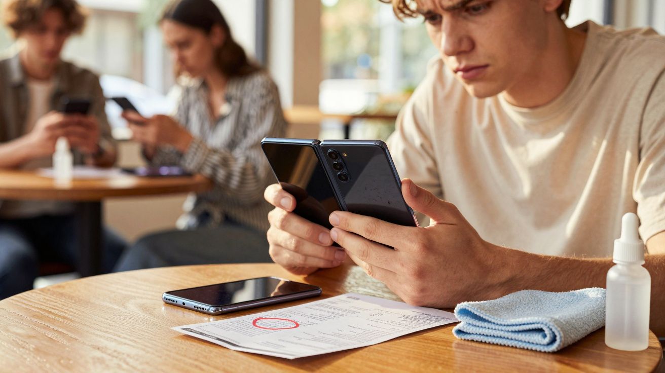 Young man using a foldable smartphone at a table with documents, a cloth, and a small bottle nearby.