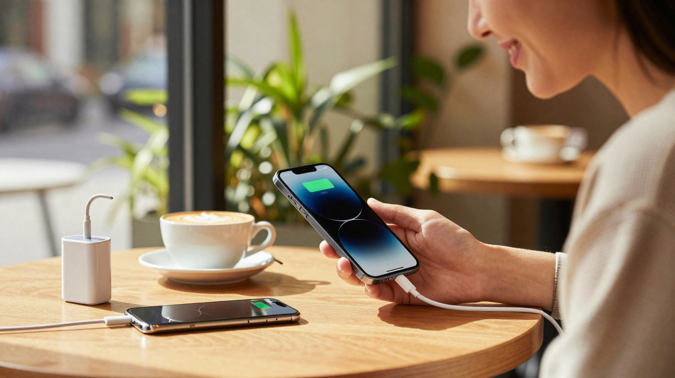 Person charging two smartphones with cables on a wooden table beside a cup of coffee in a bright café.
