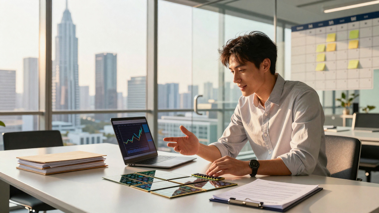 Young businessman analysing charts on laptop and papers in modern office with city skyline view.