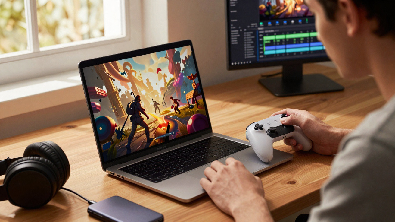 Person playing video game on laptop using a white controller at a wooden desk with headphones and monitor nearby.