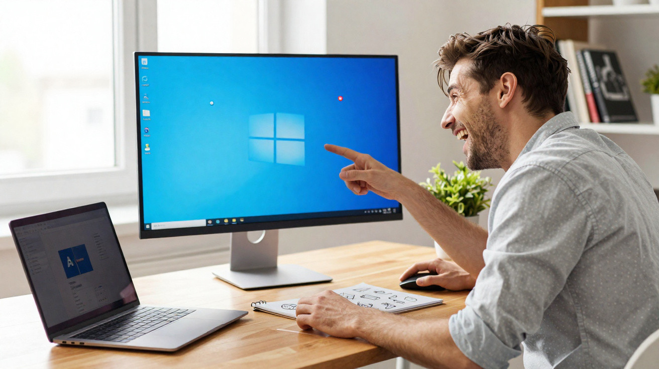 Man smiling and pointing at a desktop monitor displaying the Windows logo in a bright home office.