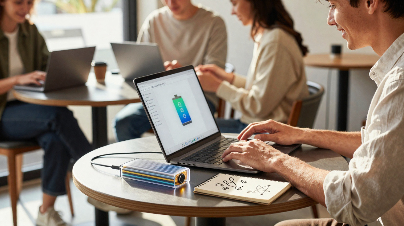 Person working on laptop at a round table with portable battery, notebook, and three people collaborating in background
