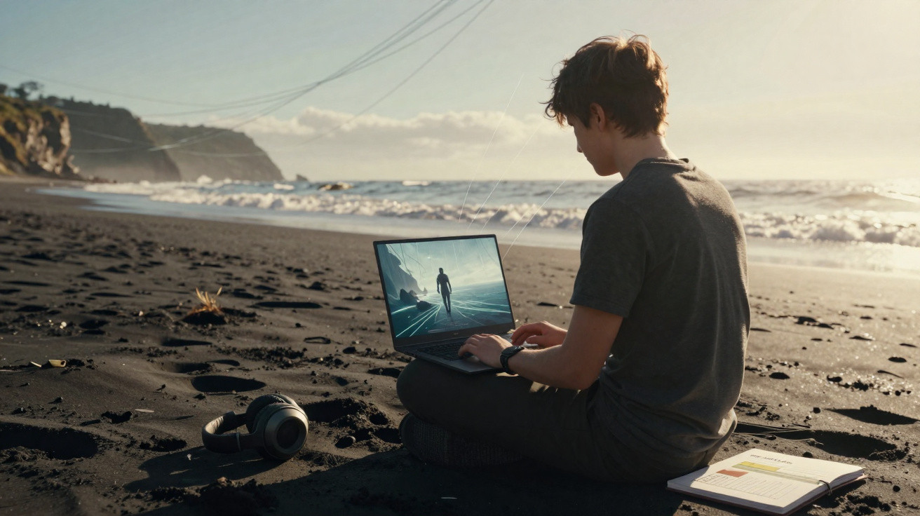 Young person using laptop on a black sand beach near the sea at sunset with headphones and notebook nearby