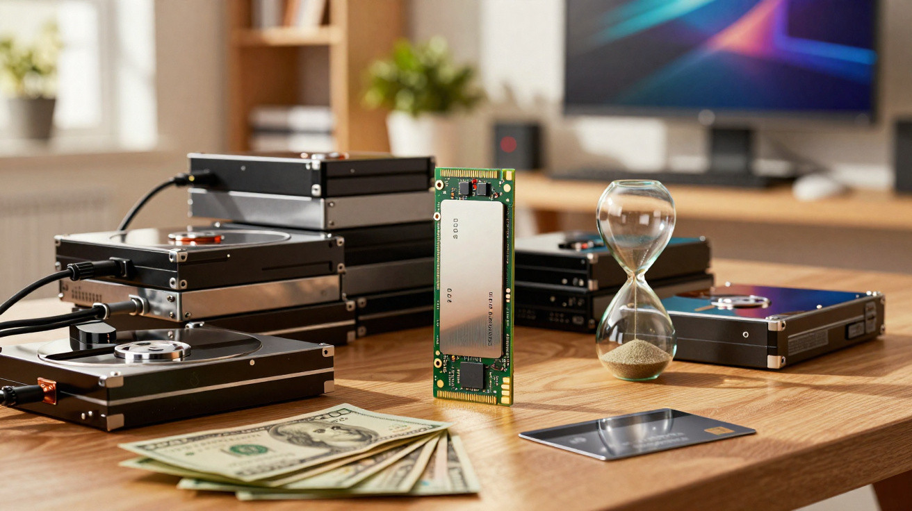 Solid state drive standing on a wooden desk surrounded by hard drives, an hourglass, cash, and a credit card.