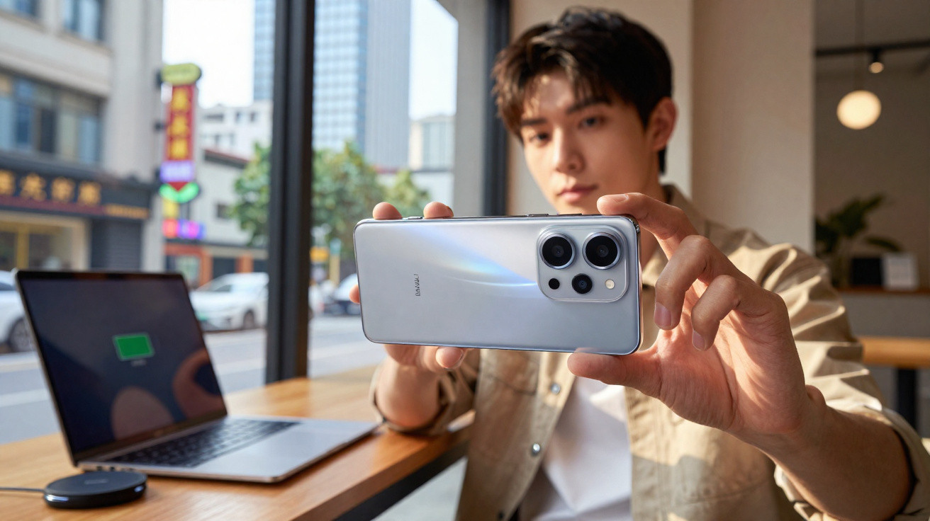 Young man holding a silver smartphone indoors near a window, with a laptop charging on the table.