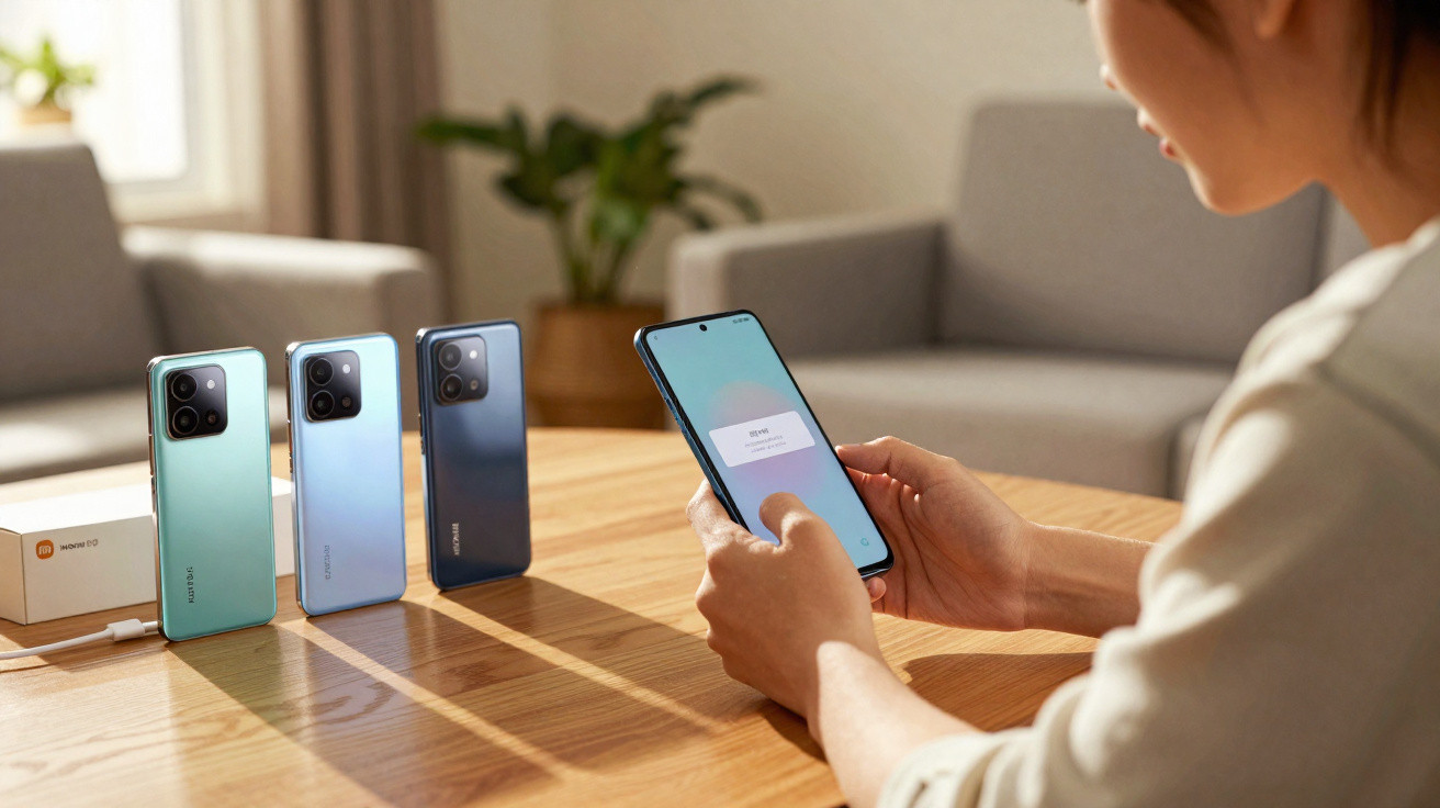 Person holding a smartphone with three smartphones standing on a table in a bright living room.