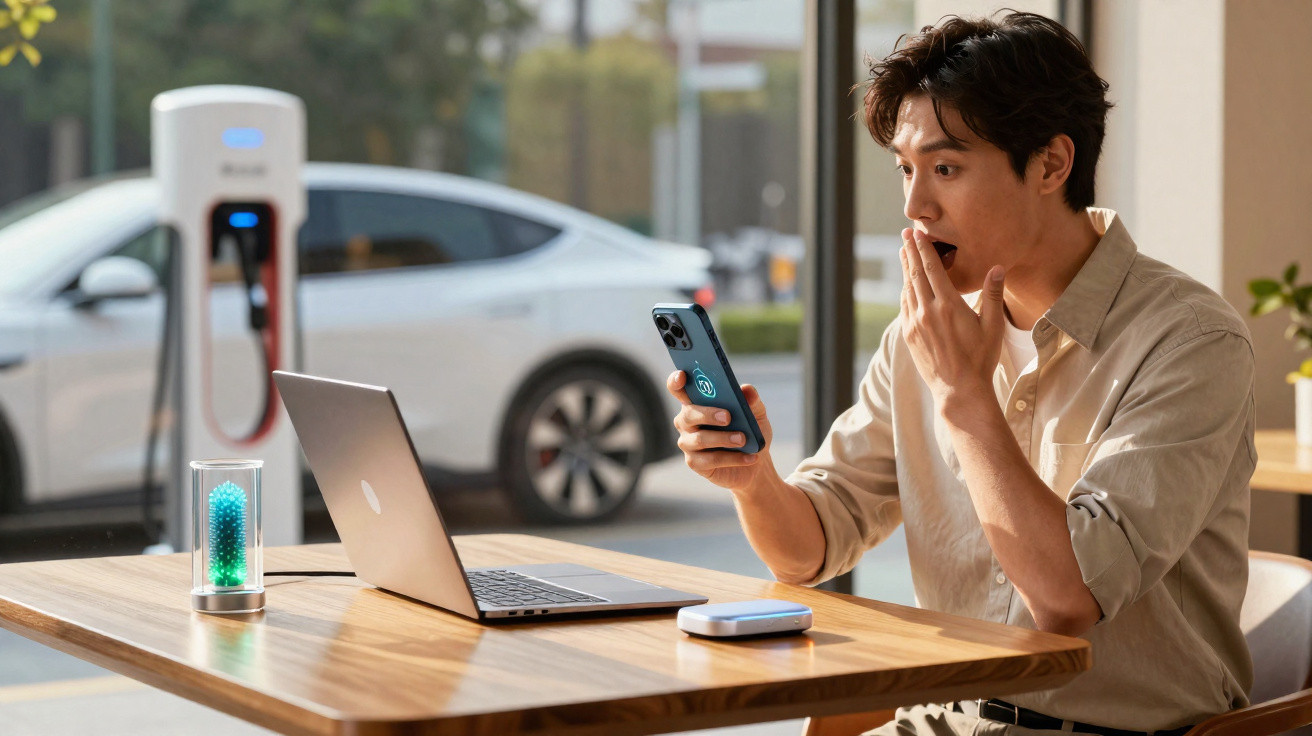 Man looking surprised at phone while sitting at wooden table with laptop in cafe by window.