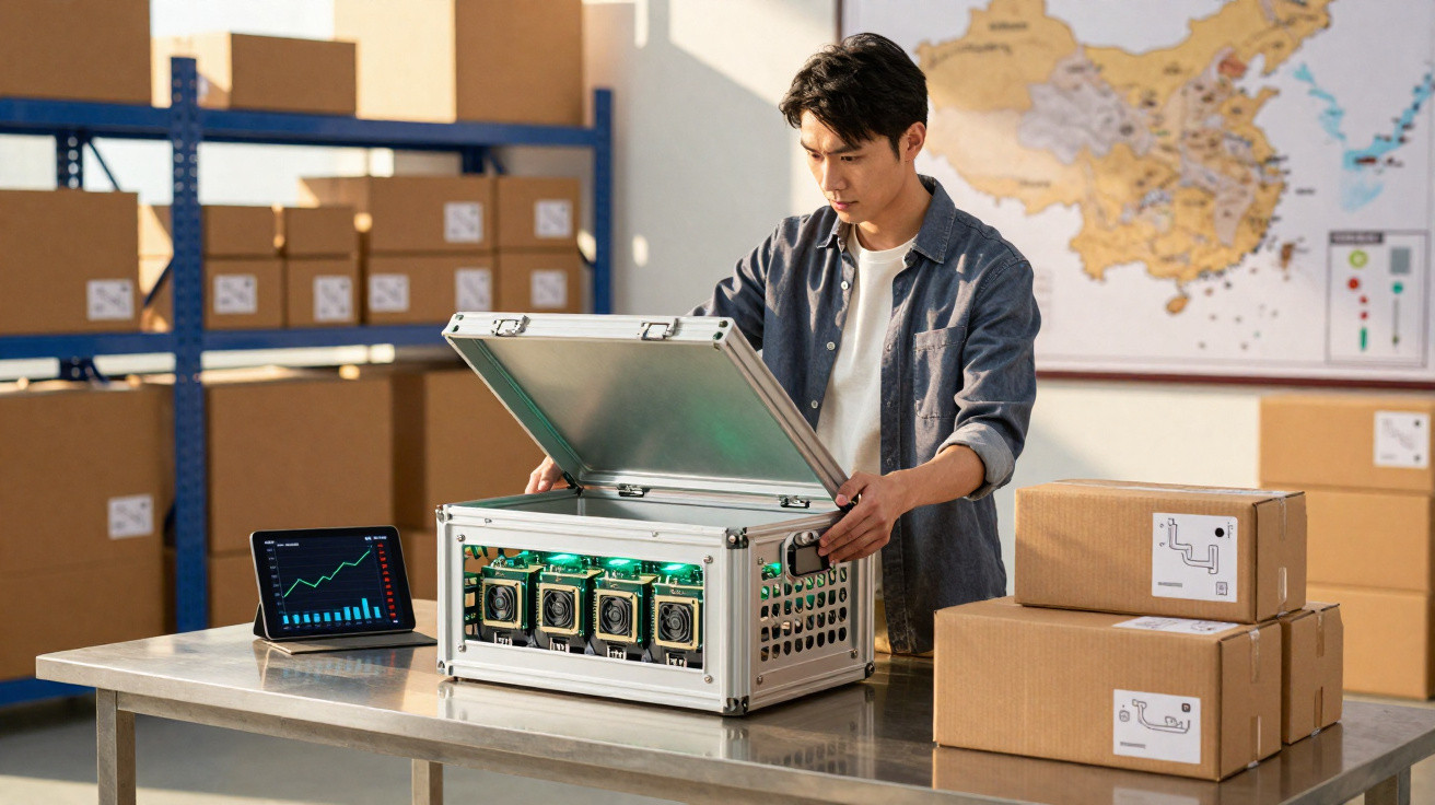 Man opening a metal case with computer hardware on a table in a warehouse with boxes and a map on the wall.