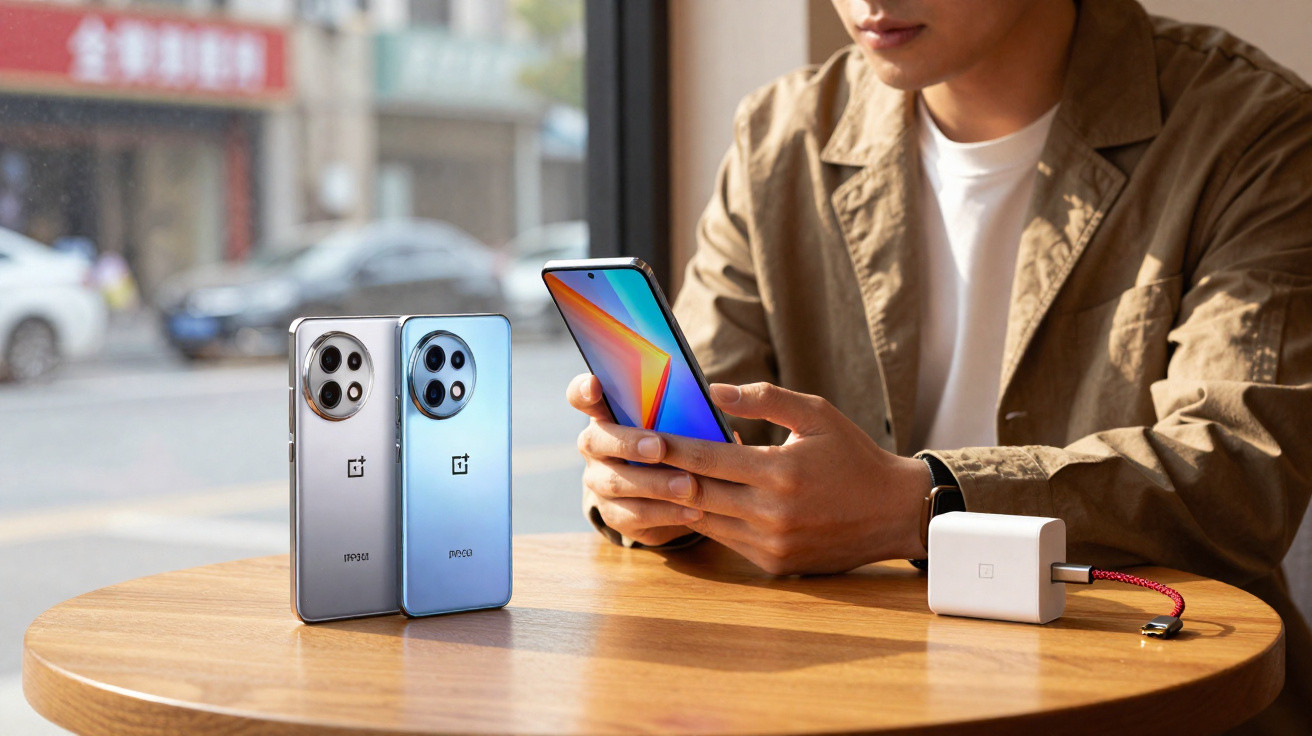 Person holding a smartphone at a table with two other OnePlus phones and a charger in natural light.