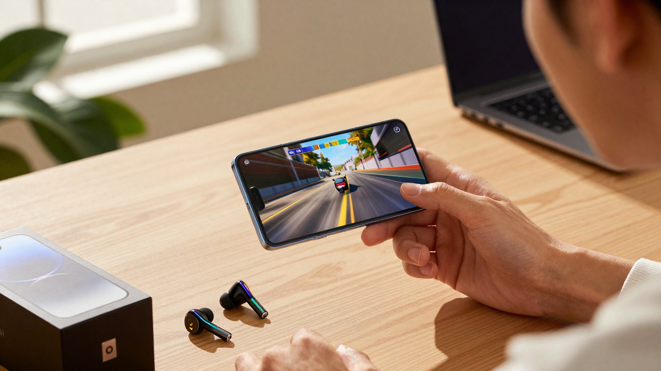 Person playing a racing game on a smartphone at a wooden desk with wireless earbuds and a laptop nearby.