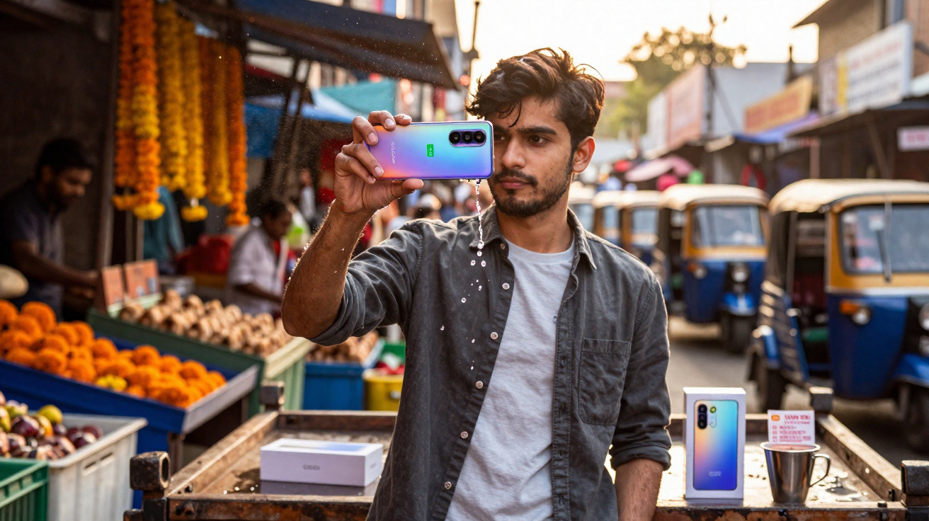 Young man splashing water on a smartphone at a market street with flowers and auto rickshaws in the background.