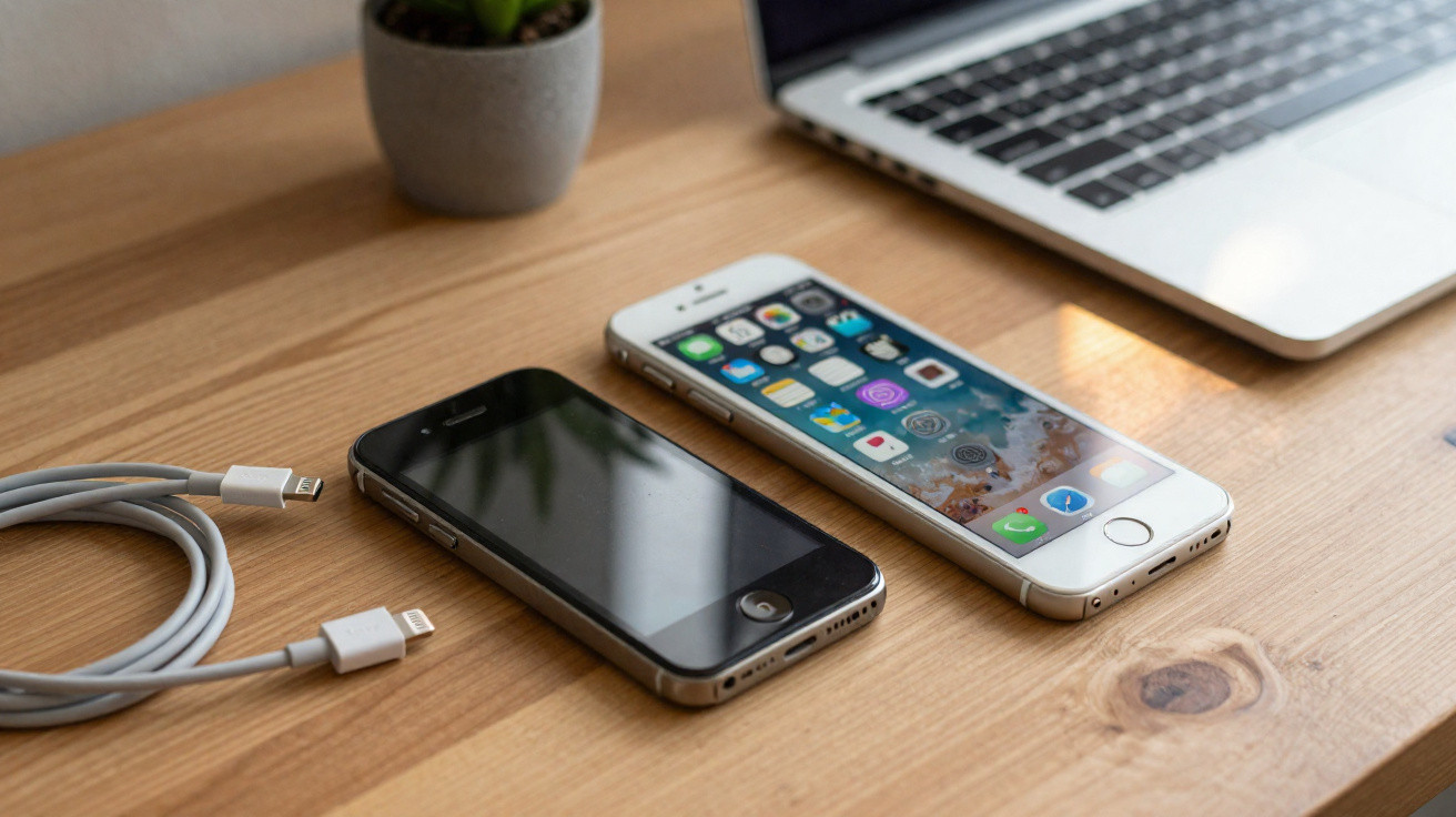 Two iPhones, a charging cable, a laptop, and a small potted plant on a wooden desk.