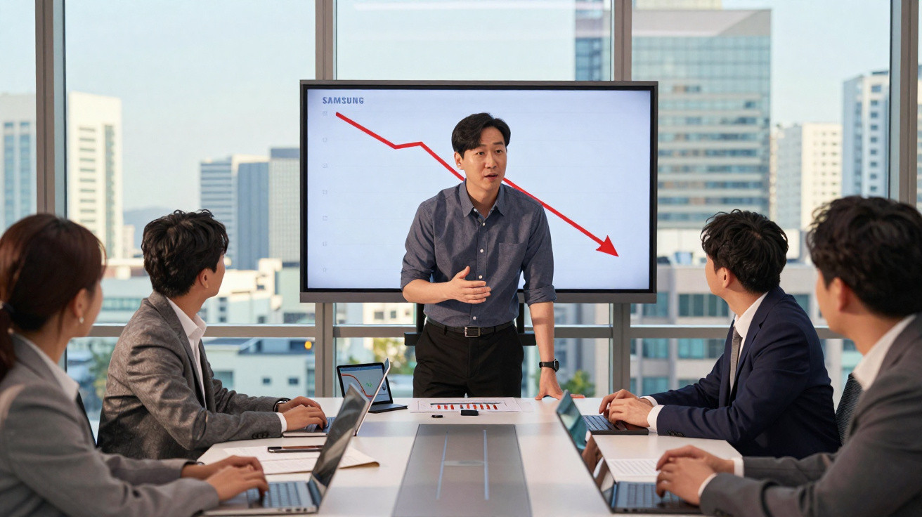 Businessman presenting a declining sales graph to colleagues in a modern office with city views.