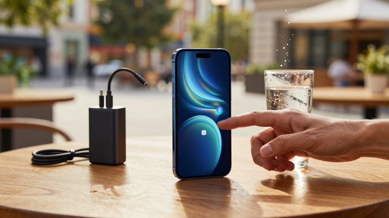 Hand pointing at a smartphone on a wooden table beside a glass of water and a charging device in an outdoor café.