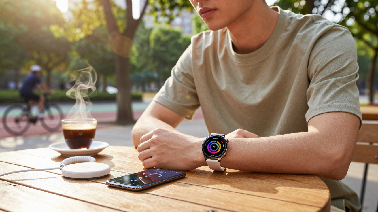 Person wearing a smartwatch sitting at an outdoor wooden table with a smartphone, wireless charger, and steaming coffee cup.