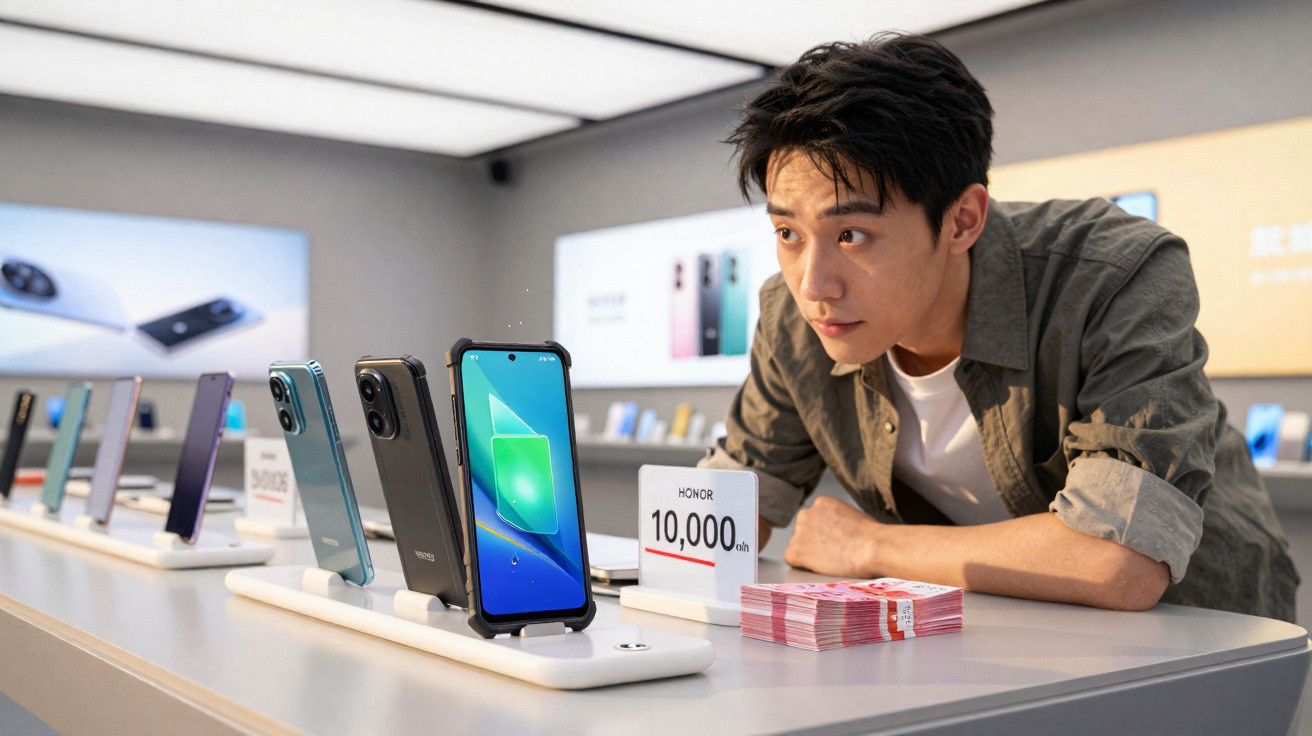 Man looking at smartphones displayed on a table in a modern electronics store.