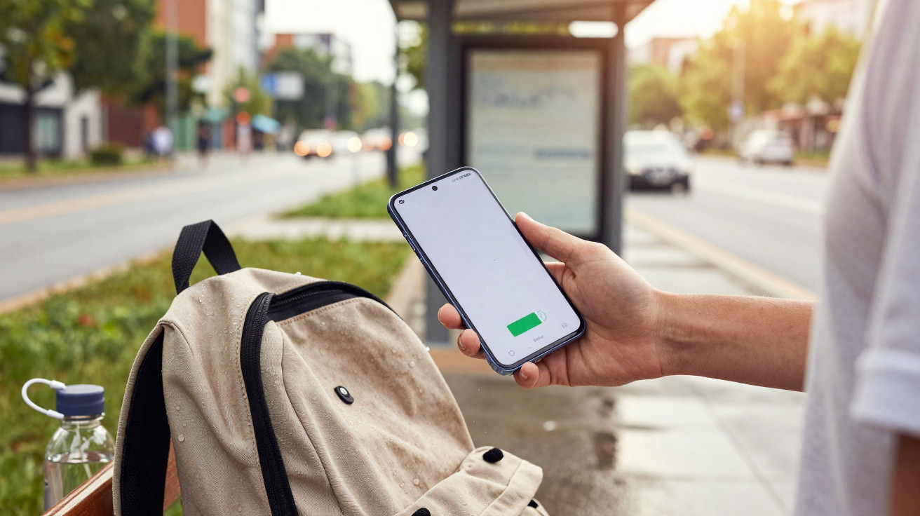 Person holding phone showing battery charging icon, beige backpack and water bottle on bench by roadside.