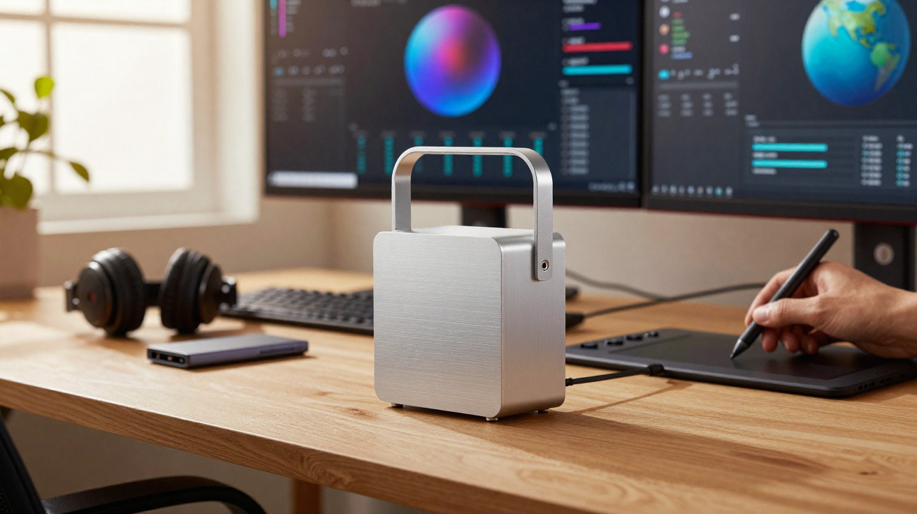 Compact metallic external hard drive on a wooden desk with dual monitors, headphones, smartphone, and a hand using a graphics