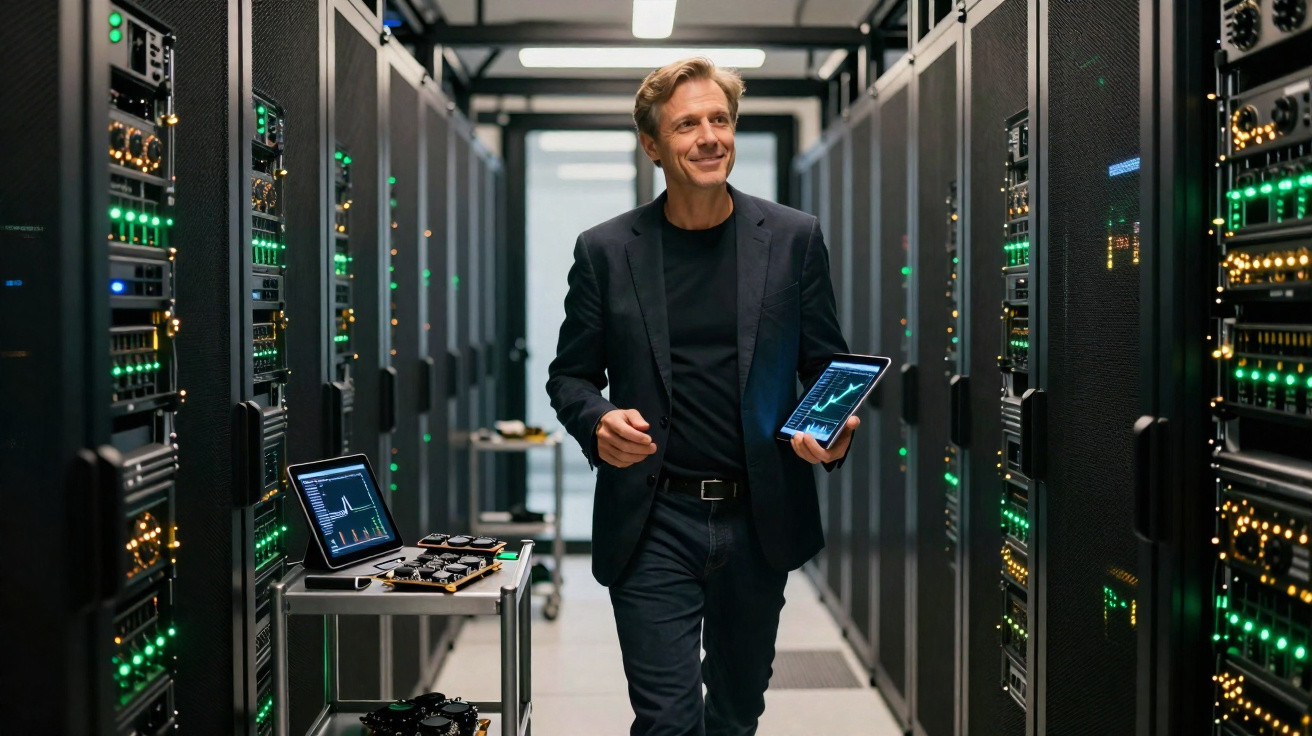 Man holding a tablet with data charts walking through a server room with racks of equipment and green indicator lights.