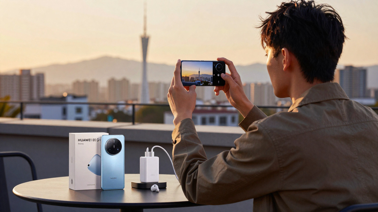 Person taking a photo of a city skyline at sunset with a Huawei smartphone on a rooftop table.