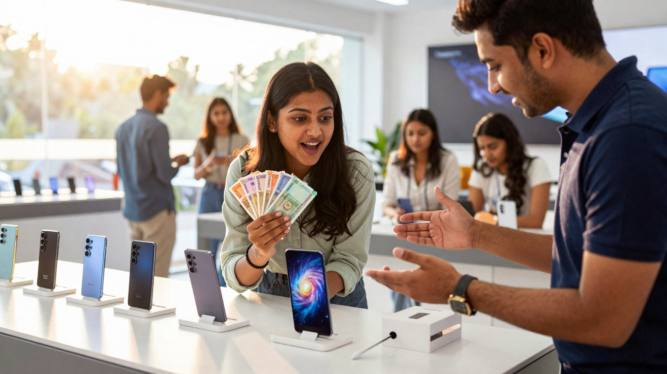 Excited woman holding Indian currency notes, discussing with salesperson in a modern mobile phone store.