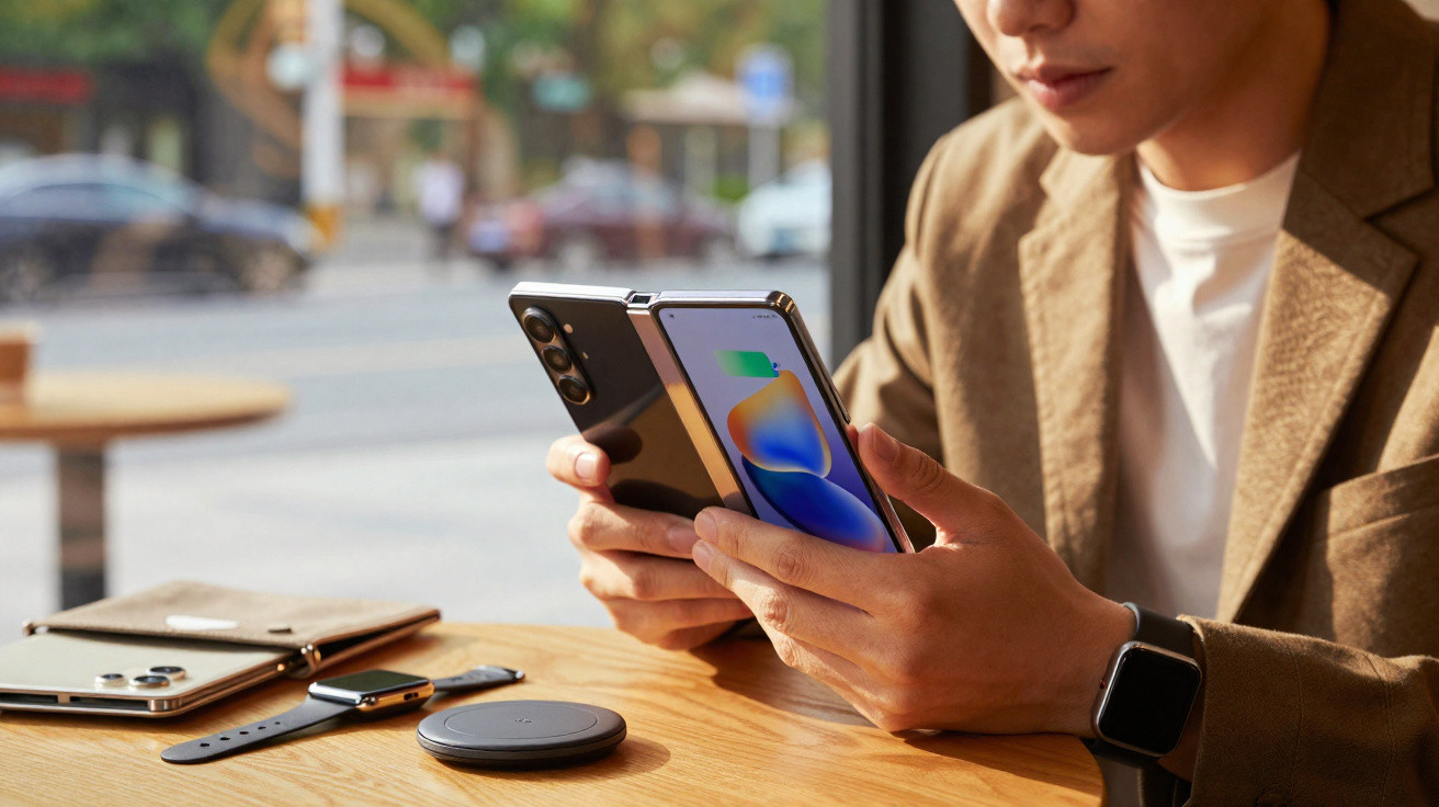Person holding a foldable smartphone while sitting at a wooden table with tech accessories nearby.
